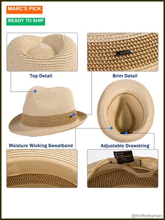 Packable Straw Fedora Panama Sun Hat Unisex Foldable UPF 50